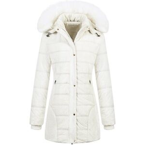 Women's Cream Winter Velvet Puffer Jacket Quilted Coat Faux Fur Hood Fabric